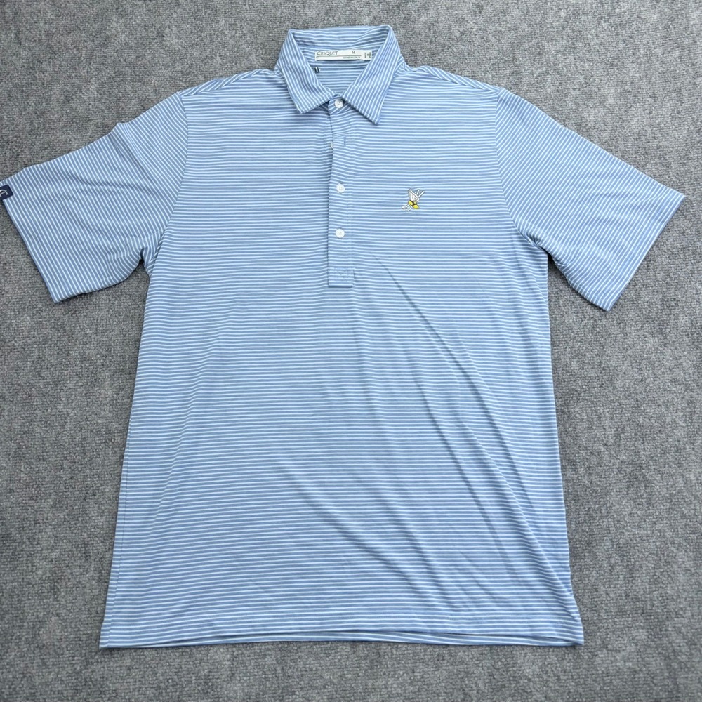 Criquet Polo Shirt‎ Mens Medium Blue Stripe Golf Winged Foot Embroidered Stretch